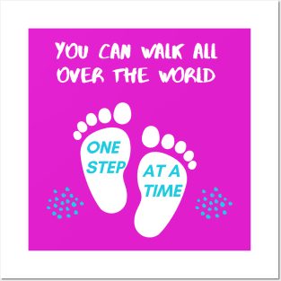 Pink One step at a time Footprint Typography Posters and Art